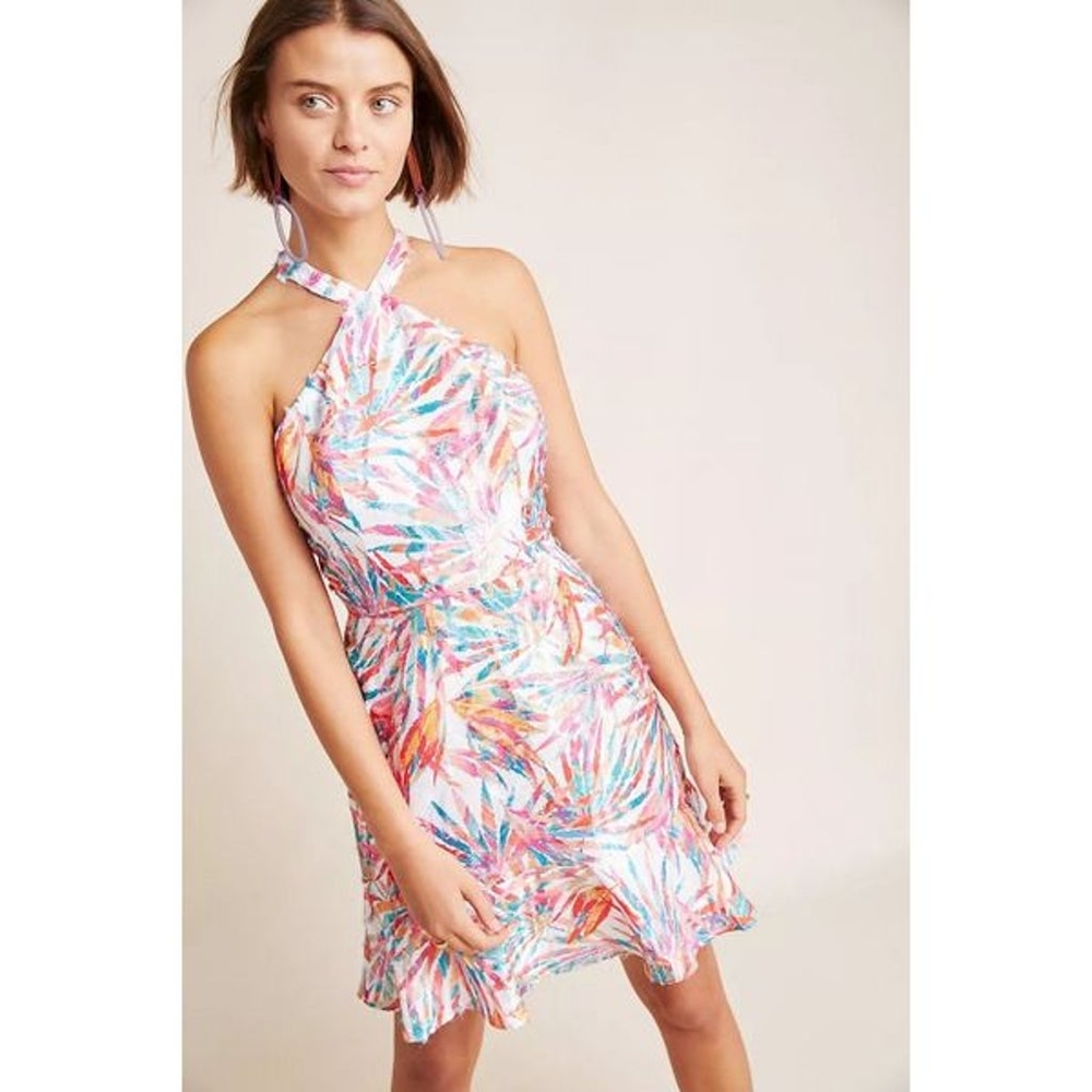 Anthropologie Multicolor Feather-Print Halter Mini Dress